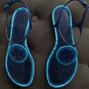 Tory Burch Navy and Turquoise Beaded Logo Thong Sandals
